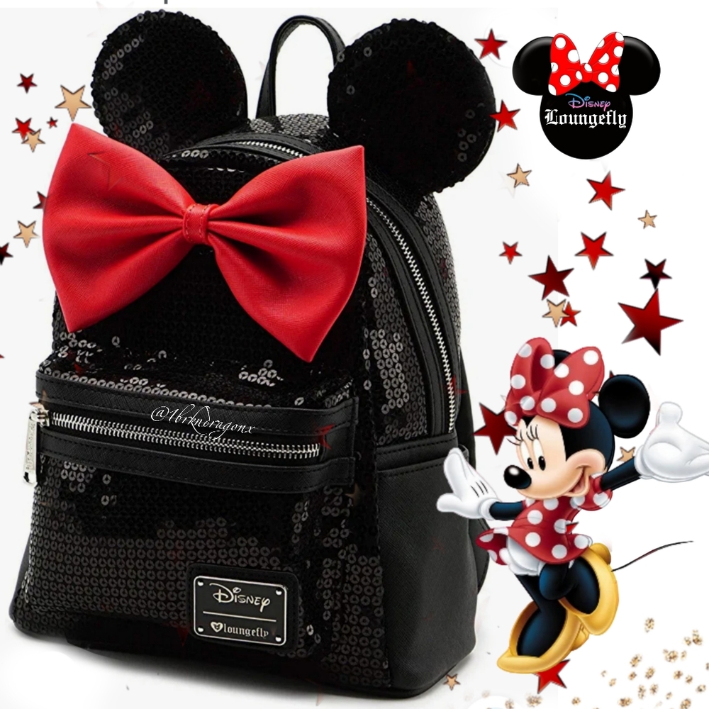 NWT Disney Parks Loungefly Sequin Minnie Mouse Backpack Black Red Sparkle Galore - Picture 1 of 15
